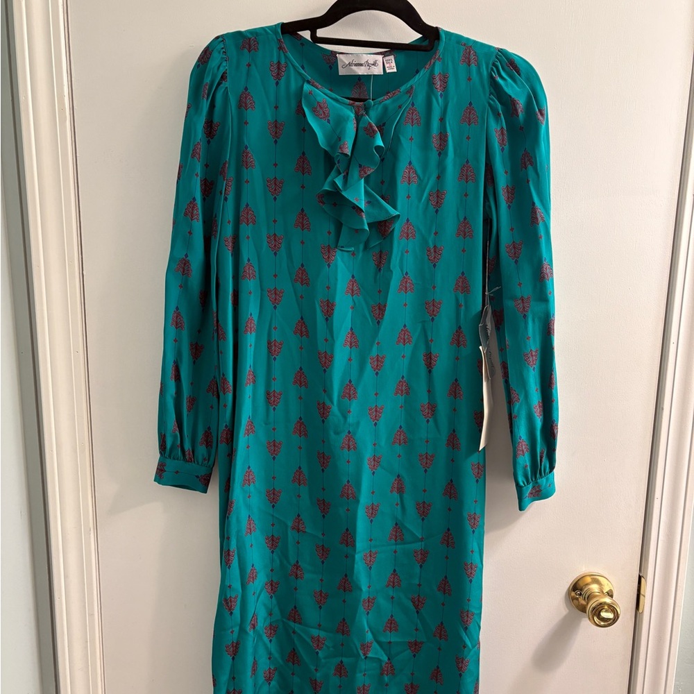 Adrianna Papell Teal Ruffle-Front Long Sleeve Dress